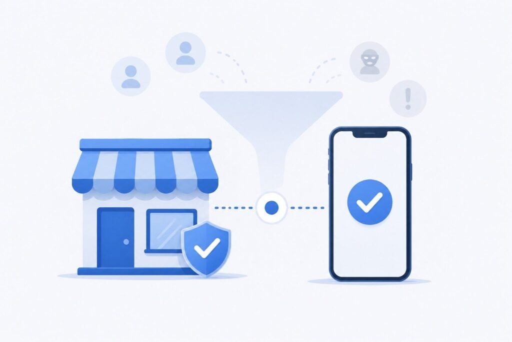 Business icon connected to a verified smartphone representing fraud prevention