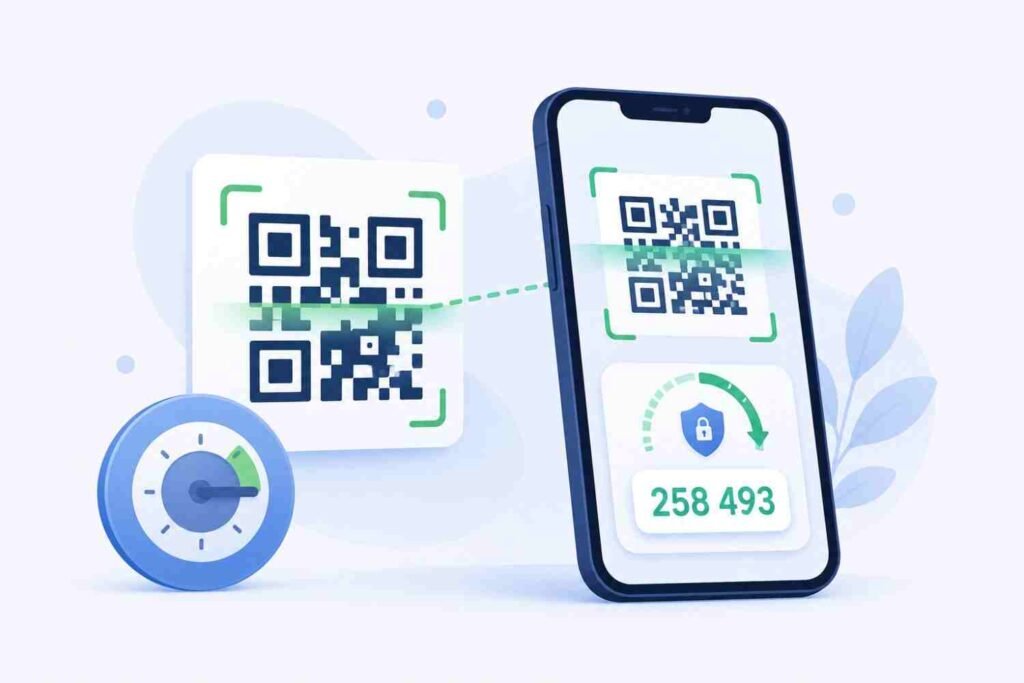 Smartphone scanning a QR code to set up an authenticator app for OTP codes