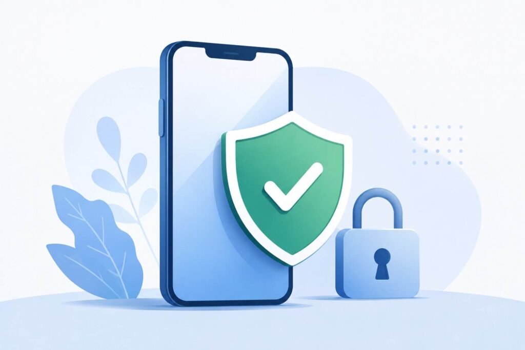 Smartphone with a security shield icon representing SMS verification safety