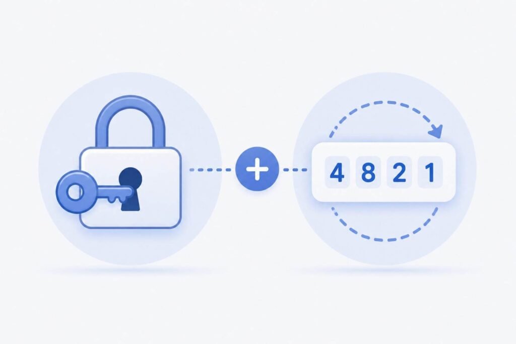 Padlock icon beside a rotating OTP code representing combined password and one-time code security