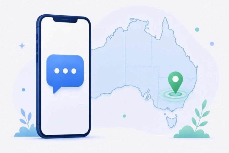 Smartphone with text message icon over an Australia map outline representing Australian SMS verification