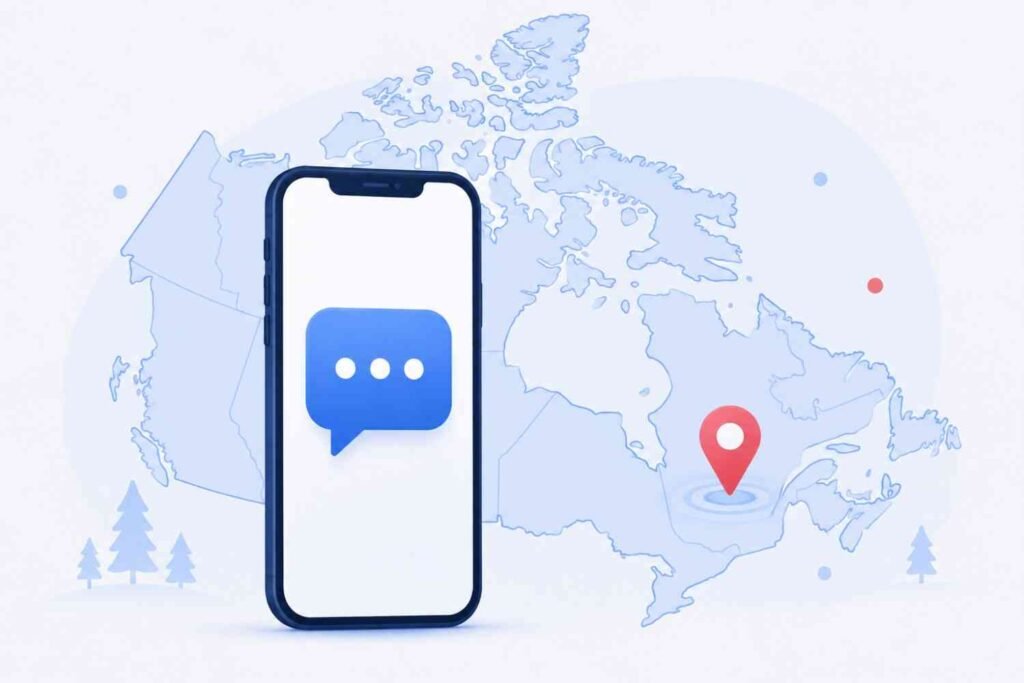 Smartphone with text message icon over a Canada map outline representing Canadian SMS verification
