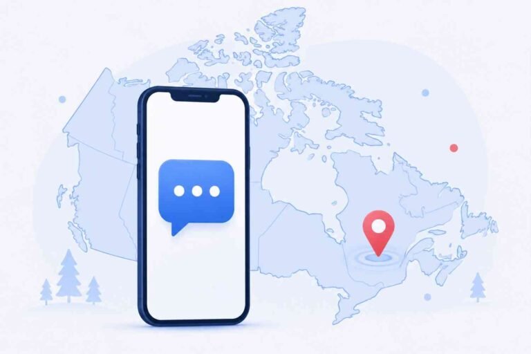 Smartphone with text message icon over a Canada map outline representing Canadian SMS verification