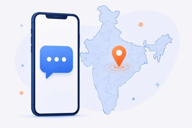 Smartphone with text message icon over an India map outline representing Indian SMS verification