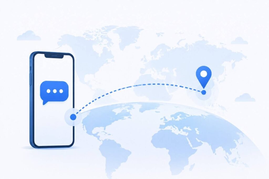 Smartphone connected across a world map illustrating international SMS verification