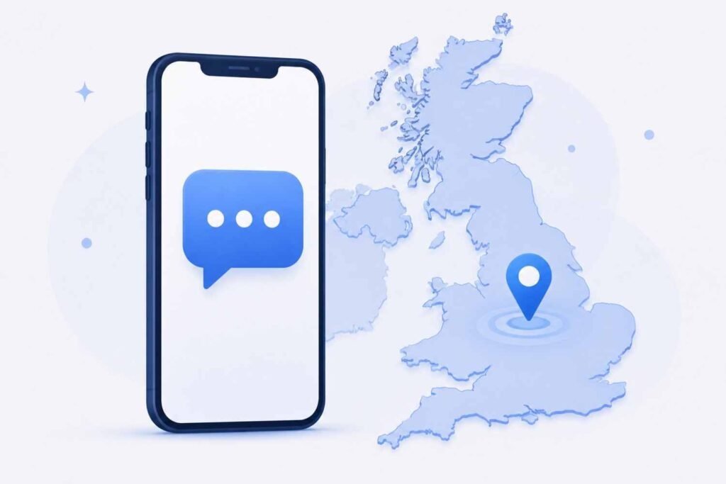 Smartphone with text message icon over a United Kingdom map outline representing UK SMS verification