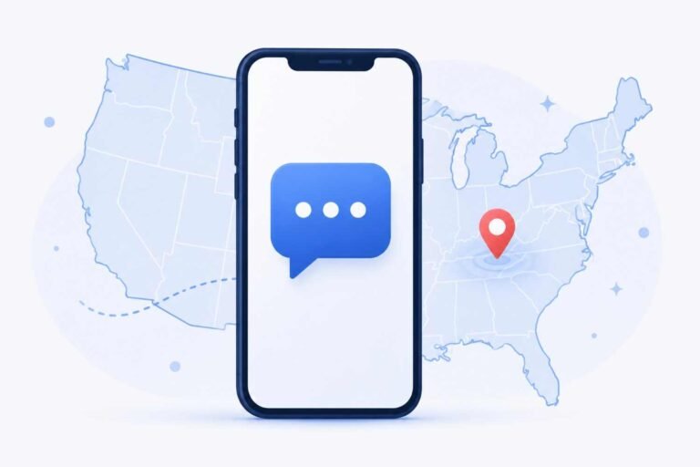 Smartphone with text message icon over a United States map outline representing US SMS verification