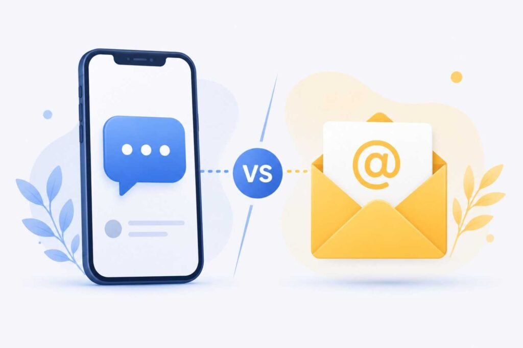 Smartphone text message icon compared to an email envelope icon