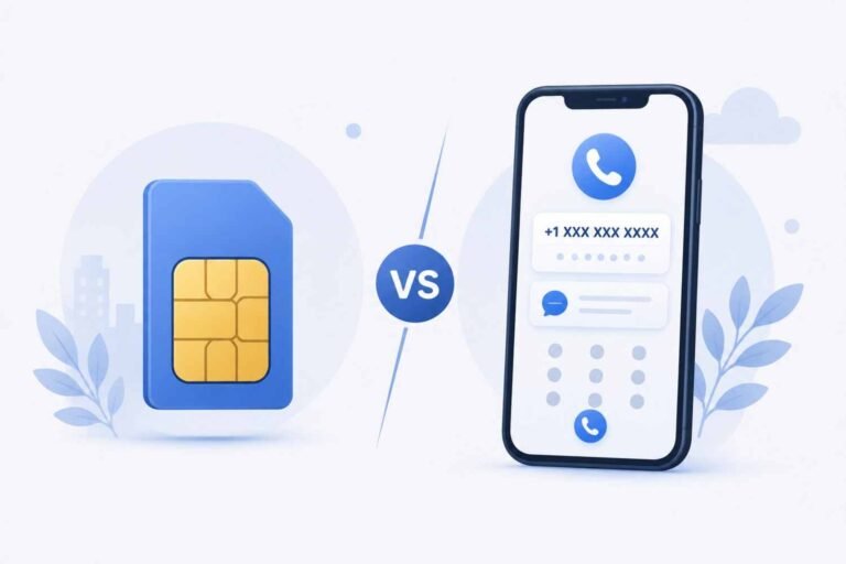 SIM card compared to a virtual number app interface on a smartphone