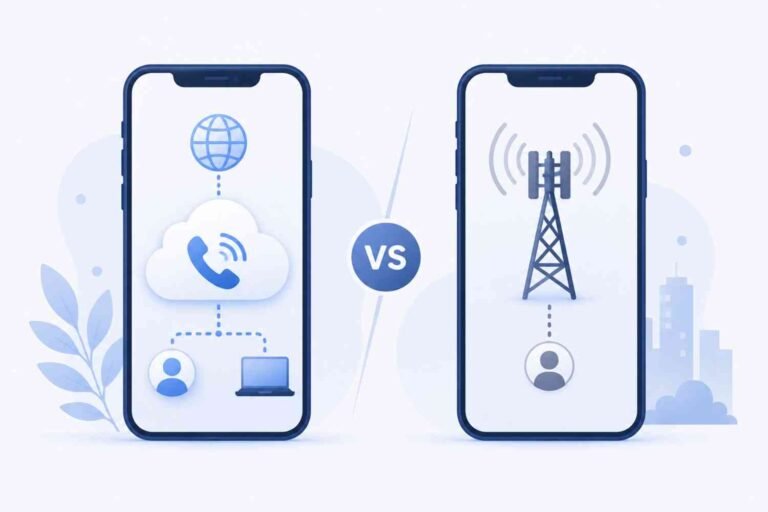 Two smartphones comparing VoIP internet-based numbers and non-VoIP carrier-based numbers